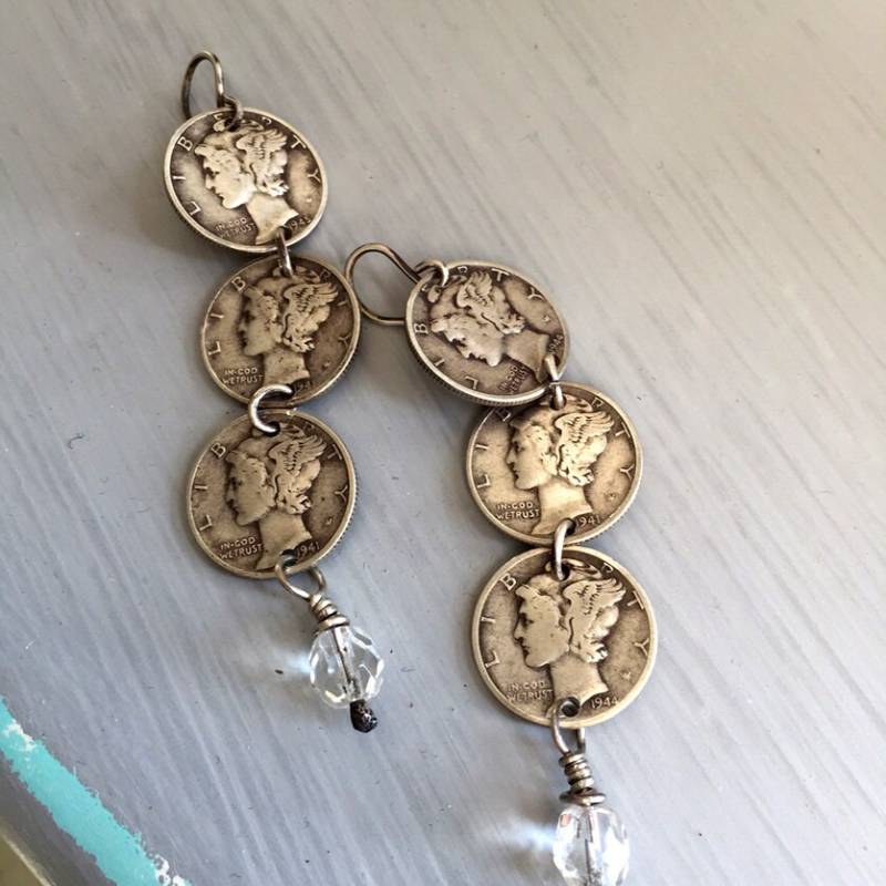 sterling Silber Mercury Dime Und Kristall Ohrringe sterling Silber Mercury Dime Und Kristall Ohrringe von mLindvall
