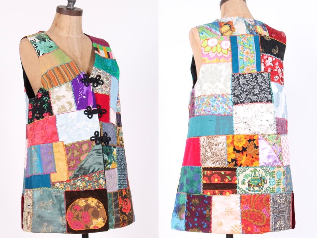1970Er Jahren Patchwork + Gestickte Weste Flickenteppich Mini Kleid Hippie Tunika Ooak von mad4modvintage
