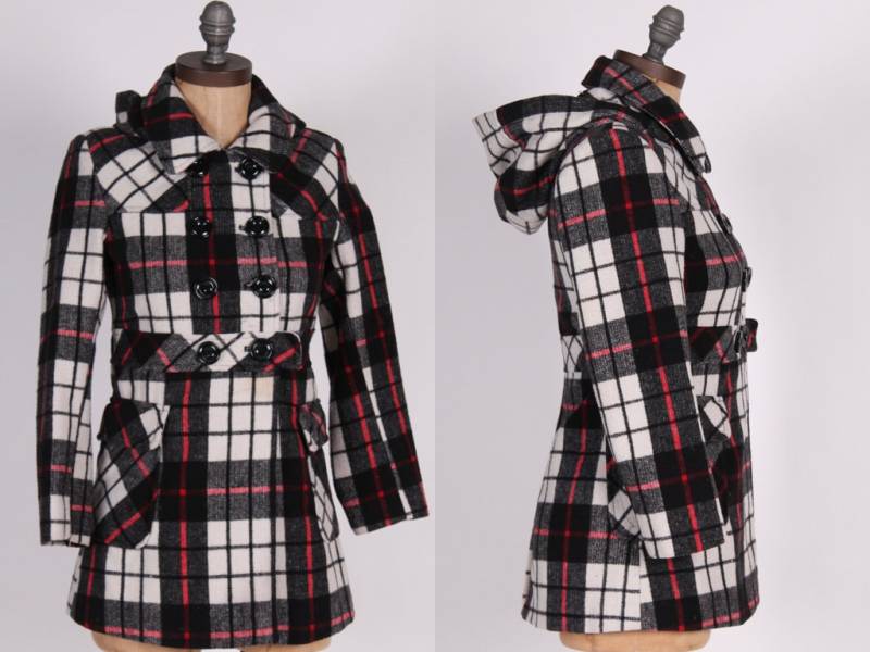 Mädchen B + W Karierten Mantel Vintage Rothschild Schwarz & Weiß Rot Tartan Wolle Kapuze Parka Winzige Passform Jacke Xxs von mad4modvintage