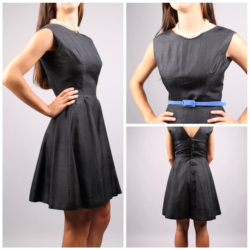 Vintage Schwarz 1950 Raw Silk Voller Rock Knopf Zurück Audrey Hepburn Stil Cocktail Party Kleid Abend Verrückt Männer Abschlussball Hochzeit von mad4modvintage