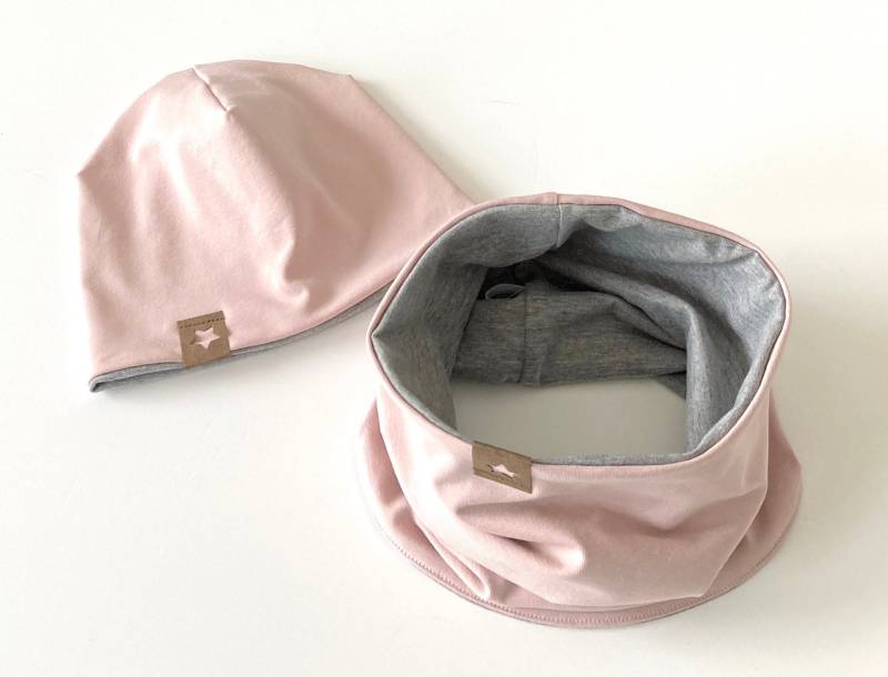 Beanie Loop Set Zum Wenden Altrose'/Mausgrau von madebyMaryiaAppelt