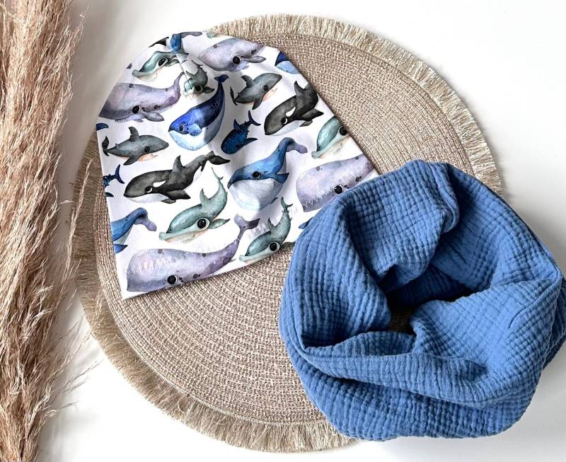 Einlagige Beanie Und Musselinloop Set Wal Jeansblau von madebyMaryiaAppelt
