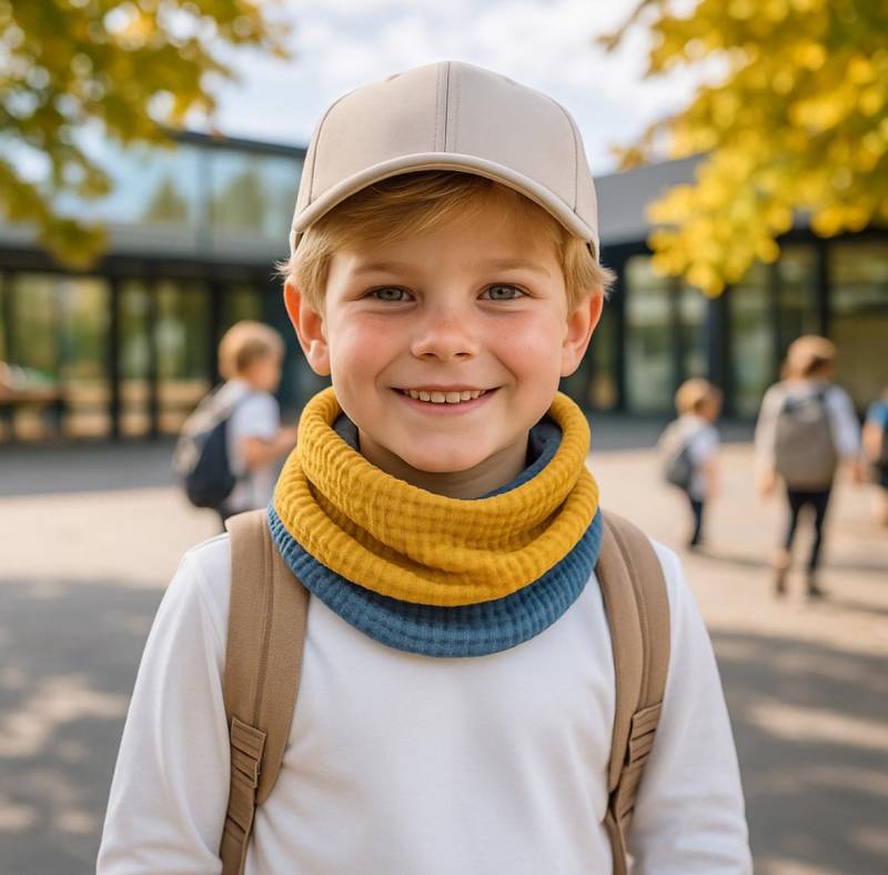 Zweifarbiger Musselin Loop Für Kinder Und Erwachsene/Handgemachter Loopschal Aus Baumwolle/Senfgelb/Jeansblau von madebyMaryiaAppelt