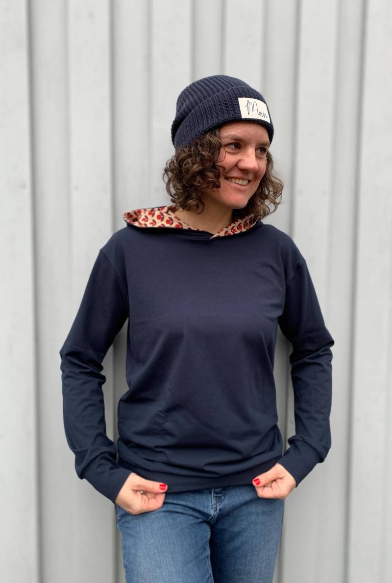 Damen Hoodie Navy Retro Design, Bio Baumwolle, Kapuzenpullover, Sweatshirt, Sweater Selbst Genäht, Pullover, Größe 36-44 von madebyTinaShop