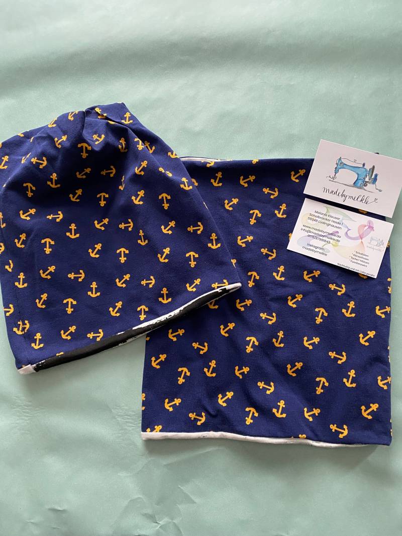 Kinder Beanie Mütze Loop Halssocke Schlupfschal Set Warm Anker Maritim Blau Gelb Marine von madebymelkle