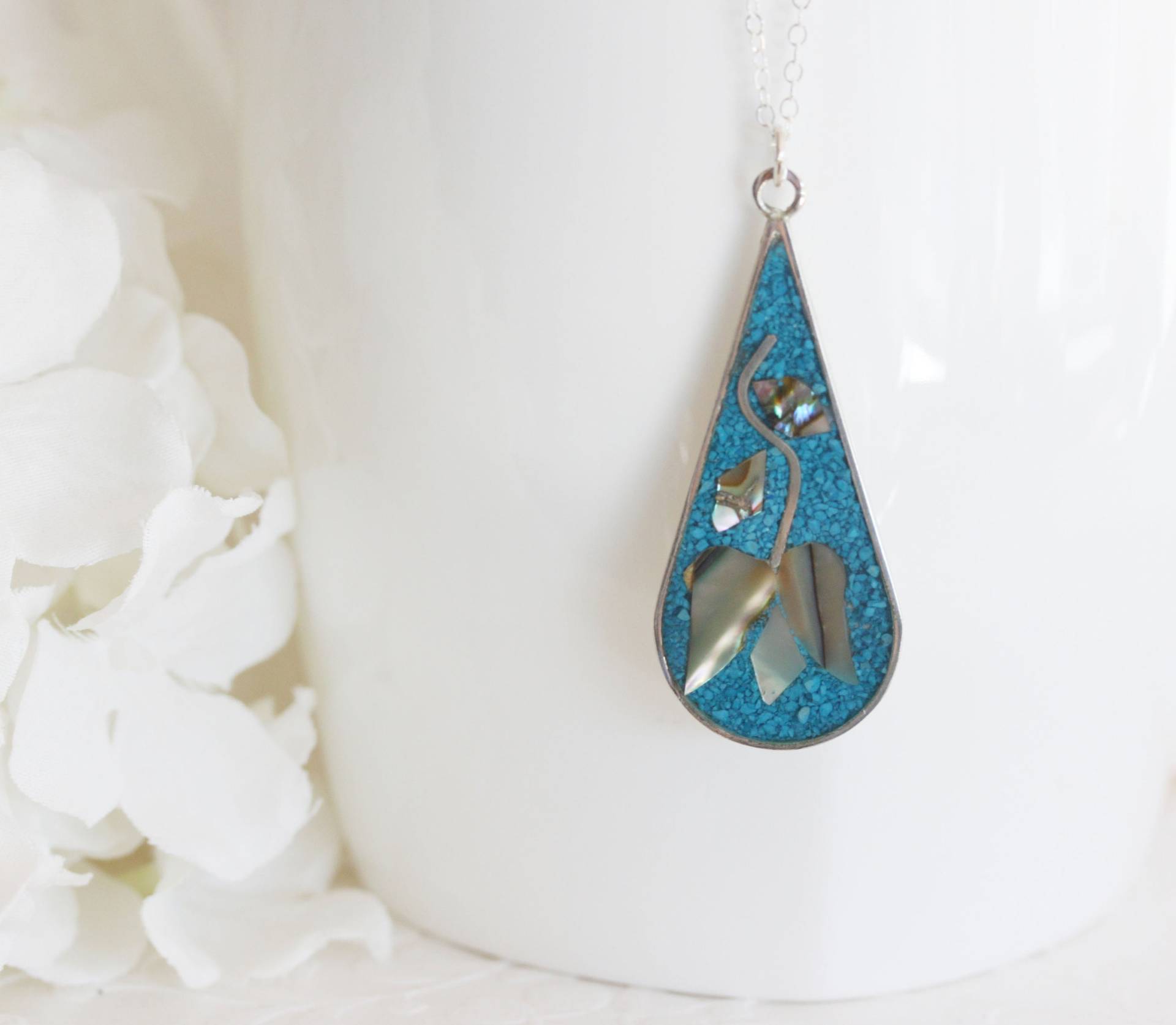 Vintage Sterling Silber Abalone Türkis Teardrop Halskette von madebymoe