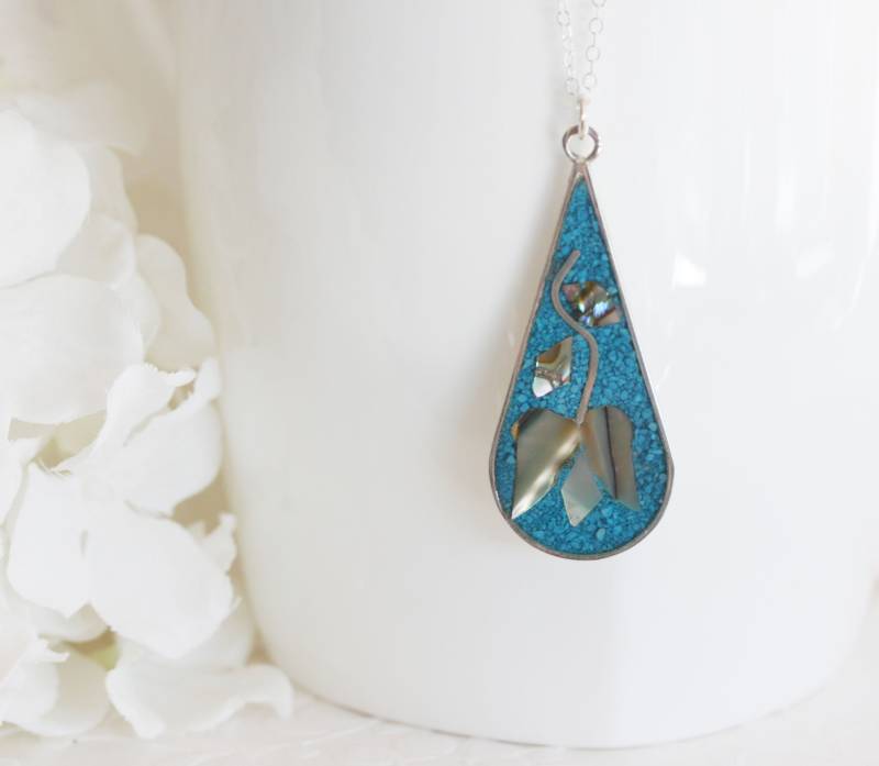Vintage Sterling Silber Abalone Türkis Teardrop Halskette von madebymoe
