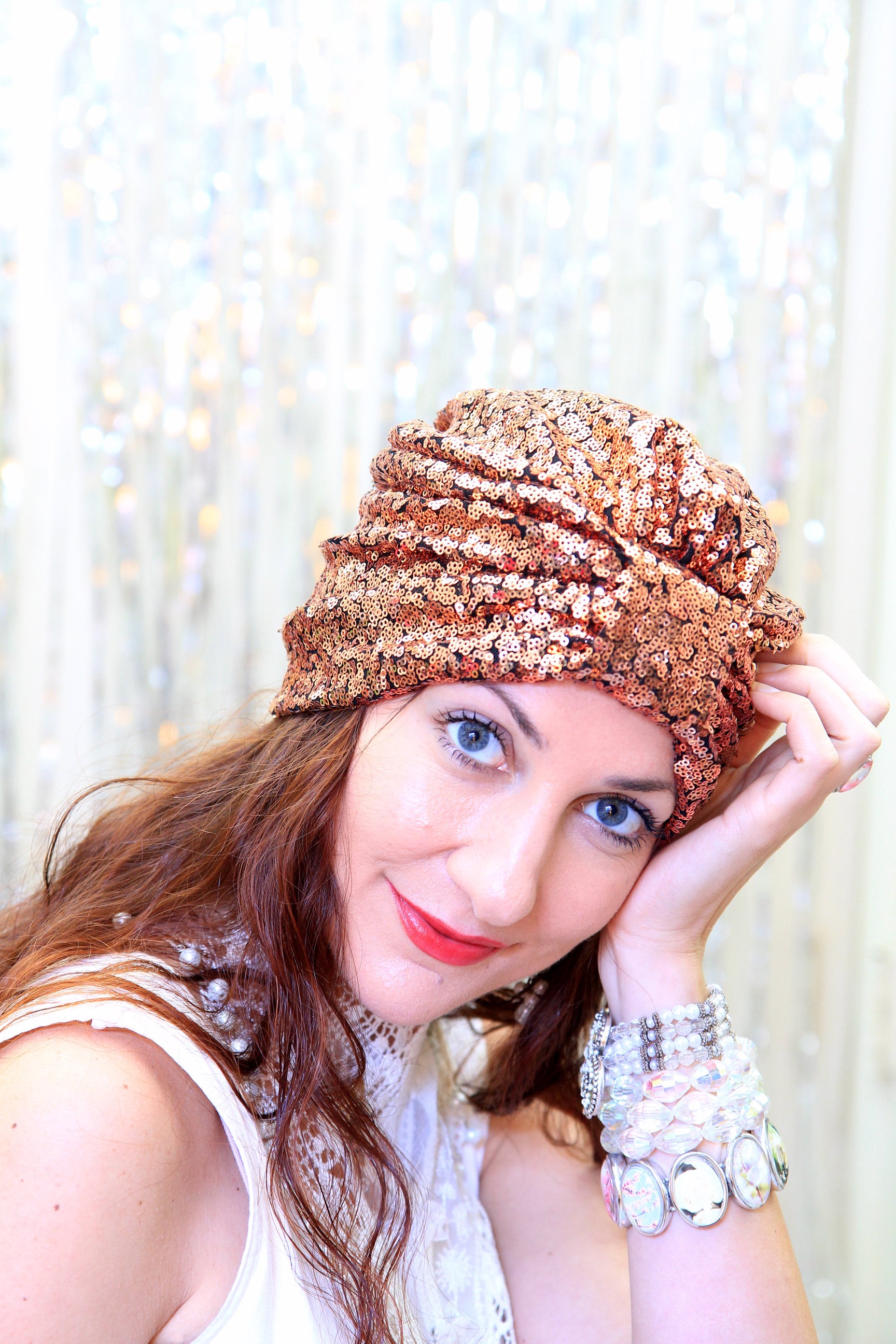 Pailletten Turban Hut in Kupfer - Damen Haar Turbane Mardi Gras Fashion Headwrap Boho Style Accessoires von mademoisellemermaid