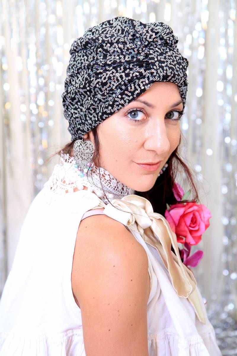 Pailletten-Turban in Silber Und Schwarz - Damen Turban-Kopftuch Voller Turban Mit Pailletten Viele Farben von mademoisellemermaid