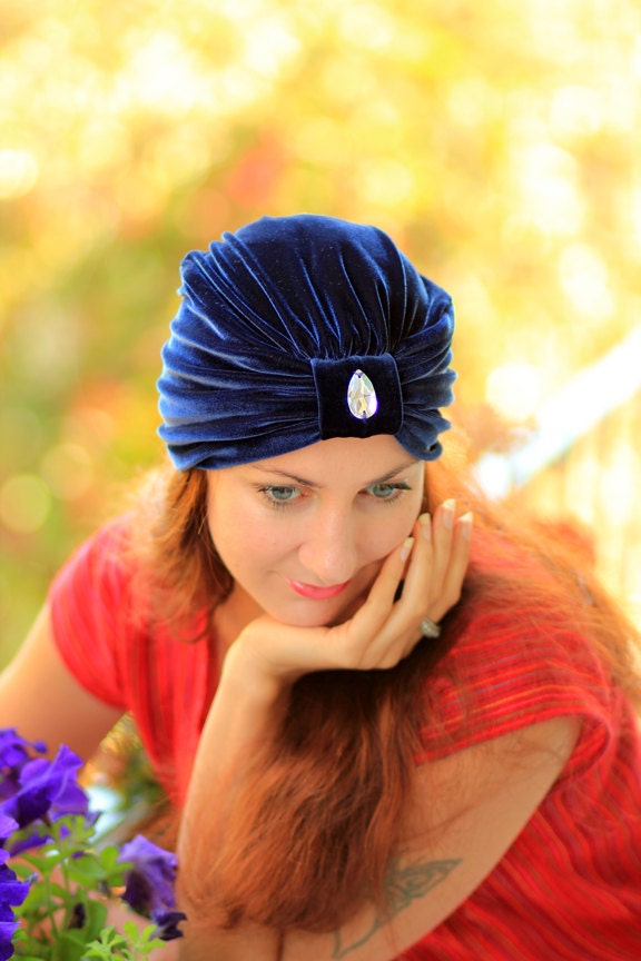 Samt Turban Hut - Damen Mode Haare Wickeln in Dunkelblau Bohème-stil-Haar-Accessoires von mademoisellemermaid