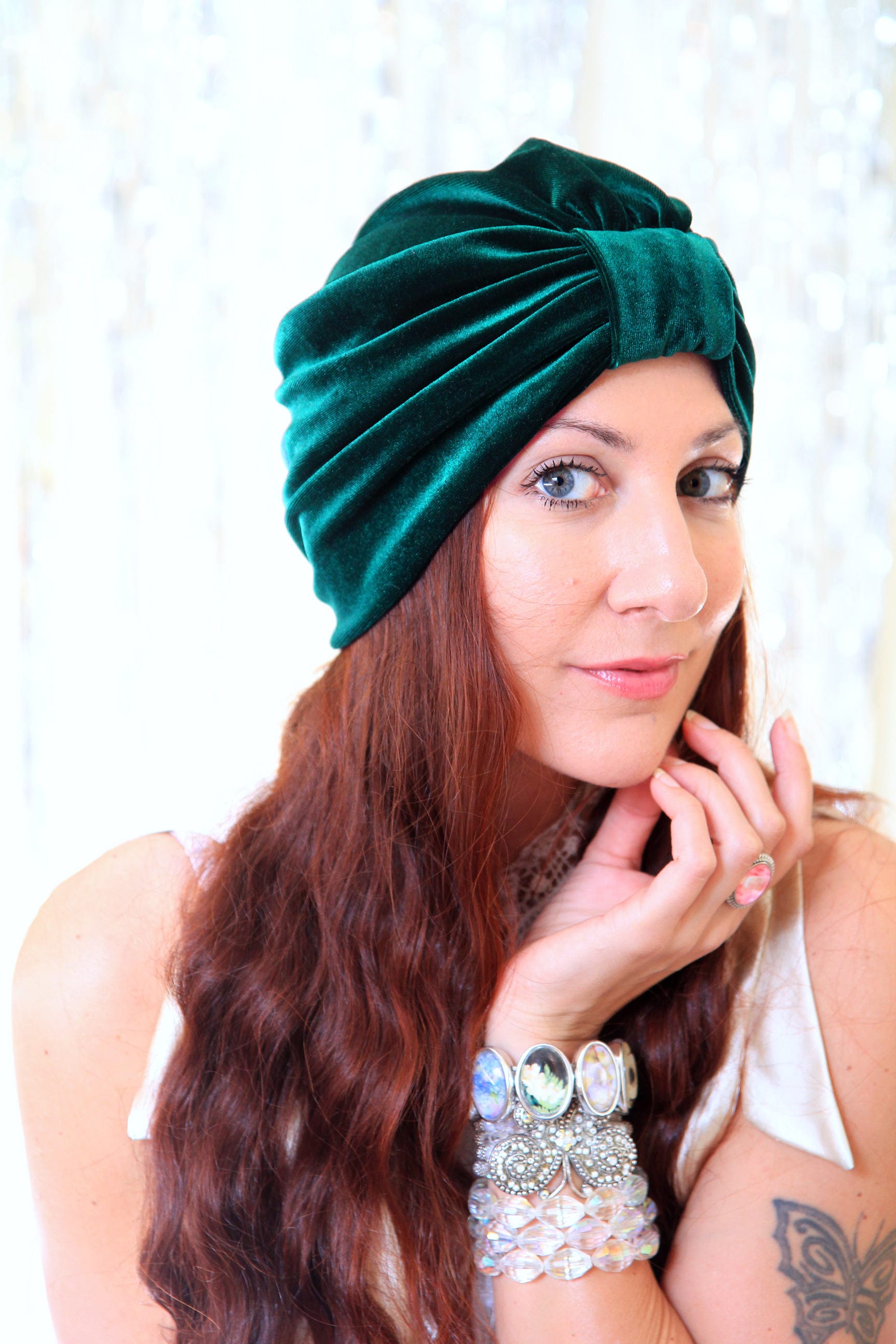 Samt Turban in Jägergrün - Hut Damen Haar Dunkelgrün Headwrap Boho Stil Kopfturban von mademoisellemermaid