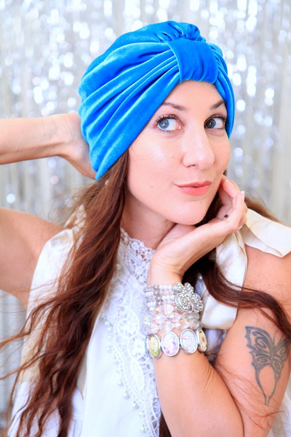 Türkis Samt Turban - Damen Mode Haare Wickeln in Blau Bohème-stil-Haar-Accessoires von mademoisellemermaid