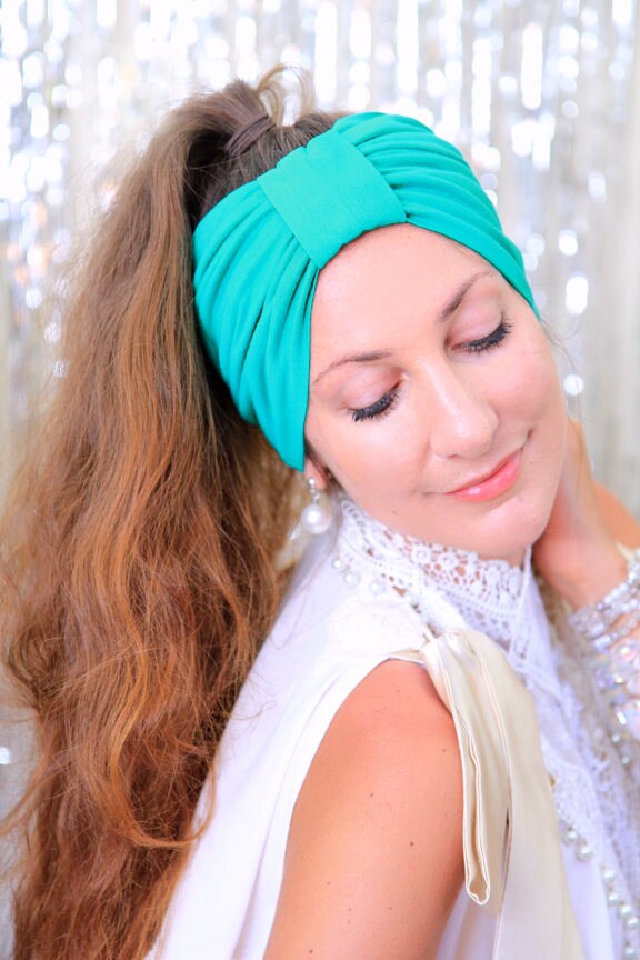 Turban Stirnband - Damen Haarband in Jade Grün Jersey Stricken Boho-Stil Breit Stirnbänder Viele Farben von mademoisellemermaid