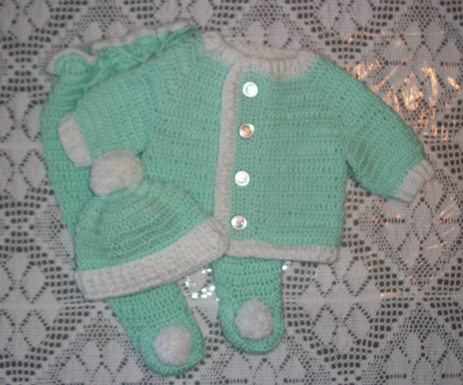 Häkeln Baby Boy Pullover Set Babyausstattung Mintgrün Und Weiß Mit Leggings Perfekt Für Shower Geschenk Nehmen Zuhause Outfit von madewithlovebysuzieq