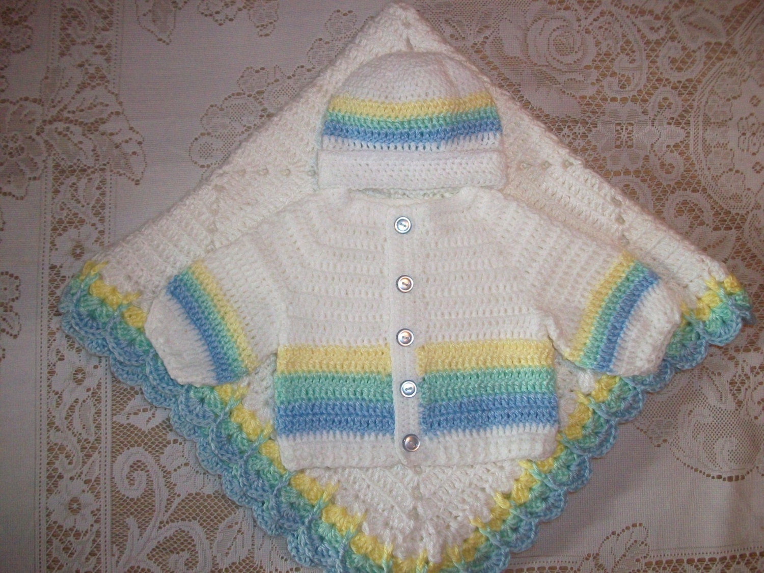 Häkeln Baby Boy Pullover Set Hut Und Booties Pastell Rainbow Babyausstattung Perfekt Für Baby-Dusche-Geschenk Oder Nach Hause Kommen von madewithlovebysuzieq