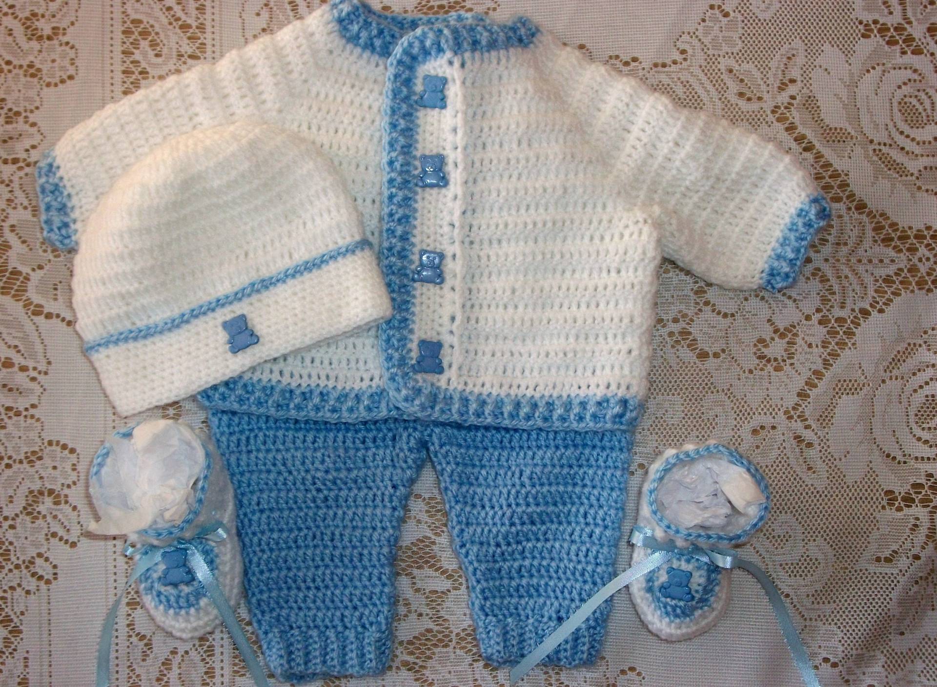 Häkeln Baby Boy Pullover Set Mit Leggings Und Booties Babyausstattung Perfekt Für Winter-Baby-Dusche-Geschenk Oder Bring Mich Nach Hause Outfit von madewithlovebysuzieq