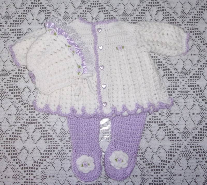 Häkeln Baby-Mädchen-Pullover-Set, Leggings Und Mütze/Cap Lavendel Weiß Layette Outfit Perfekt Für Baby Dusche Geschenk/Take Home von madewithlovebysuzieq