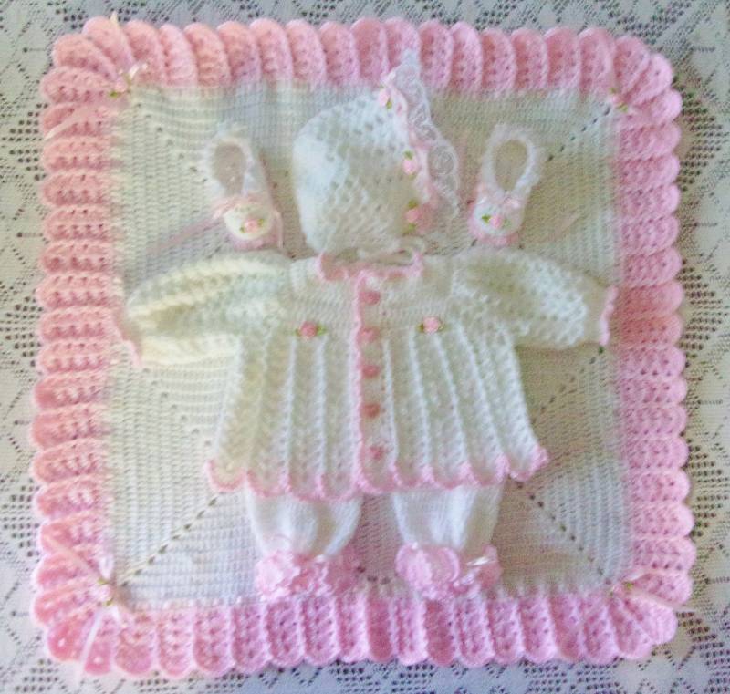 Häkeln Baby Mädchen Rosa Und Weiß Pullover Set, Rüschen Leggings, Motorhaube, Booties & Decke Perfekt Für Baby-Dusche-Geschenk Oder Kommen Nach von madewithlovebysuzieq