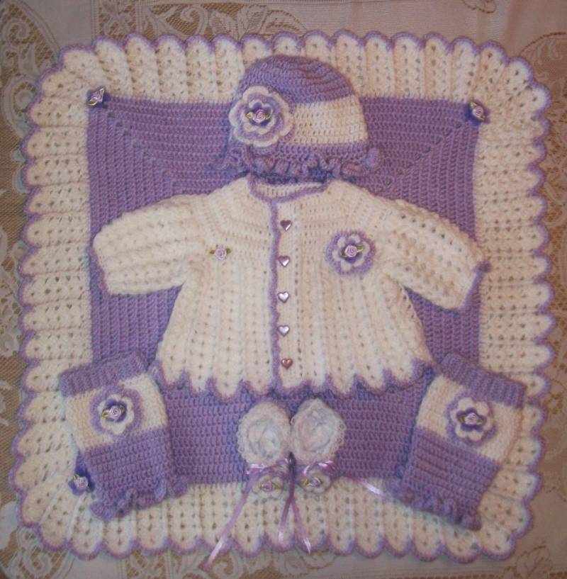 Häkeln Babymädchen Lavendel Pullover Set Babyausstattung Decke, Rüschen Mütze, Stulpen Und Booties Perfekt Für Baby-Dusche-Geschenk Oder Nach von madewithlovebysuzieq