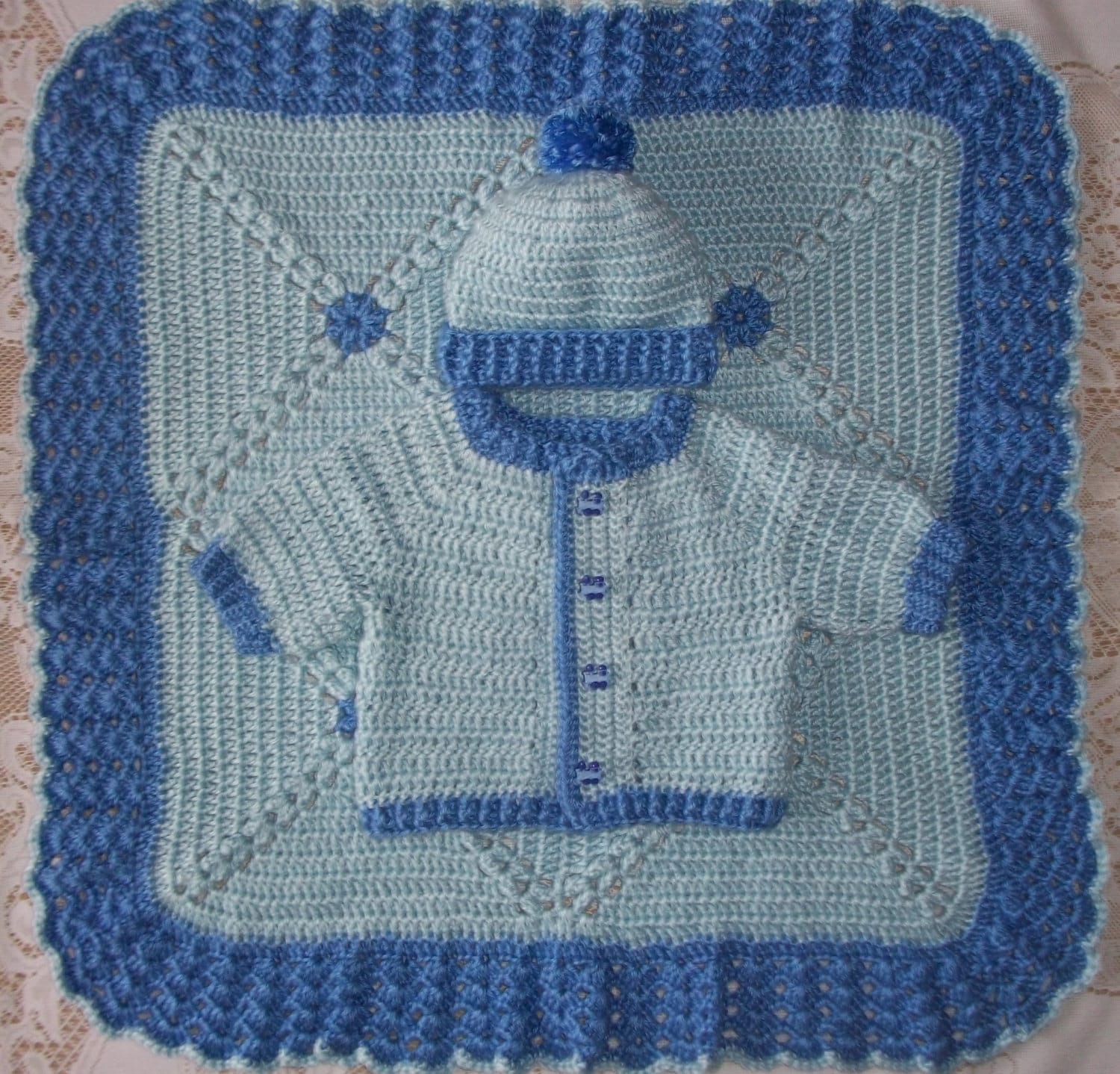 Häkeln Sie Baby Boy Blau Pullover Set Und Decke Layette Perfekt Für Baby-Dusche-Geschenk Neugeborene Nehmen Mich Nach Hause von madewithlovebysuzieq
