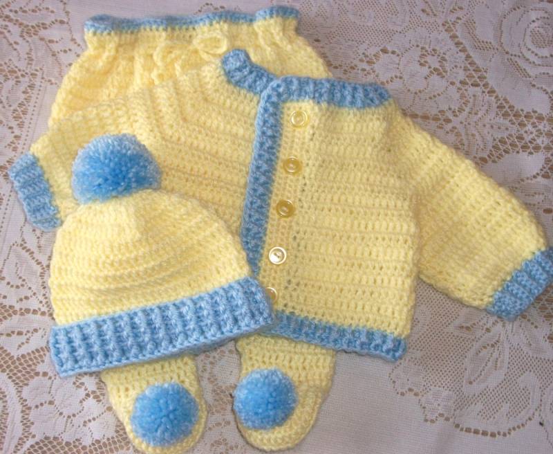 Häkeln Sie Baby Boy Gelben Und Blauen Pullover Set Babyausstattung Mit Leggings Perfekt Für Shower Geschenk Nehmen Zuhause Outfit von madewithlovebysuzieq