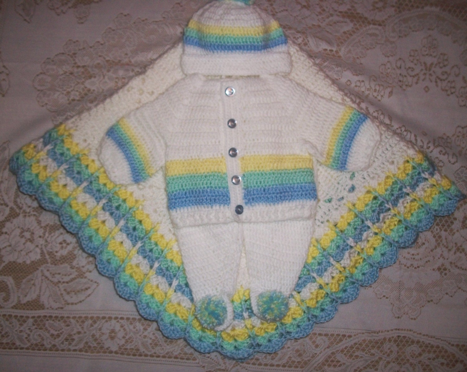 Häkeln Sie Baby Boy Pullover Set Babyausstattung Pom-Pom Pastell Rainbow Outfit Mit Leggins Perfekt Für Baby-Dusche-Geschenk Oder Mich Nach Hause von madewithlovebysuzieq