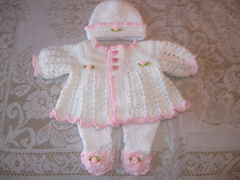 Häkeln Sie Baby Mädchen Pullover Set Layette Rosa Und Weiß Mit Leggings & Zerzaust Mütze Oder Hut Perfekt Für Baby-Dusche-Geschenk-Ortake-Home-Outfit von madewithlovebysuzieq