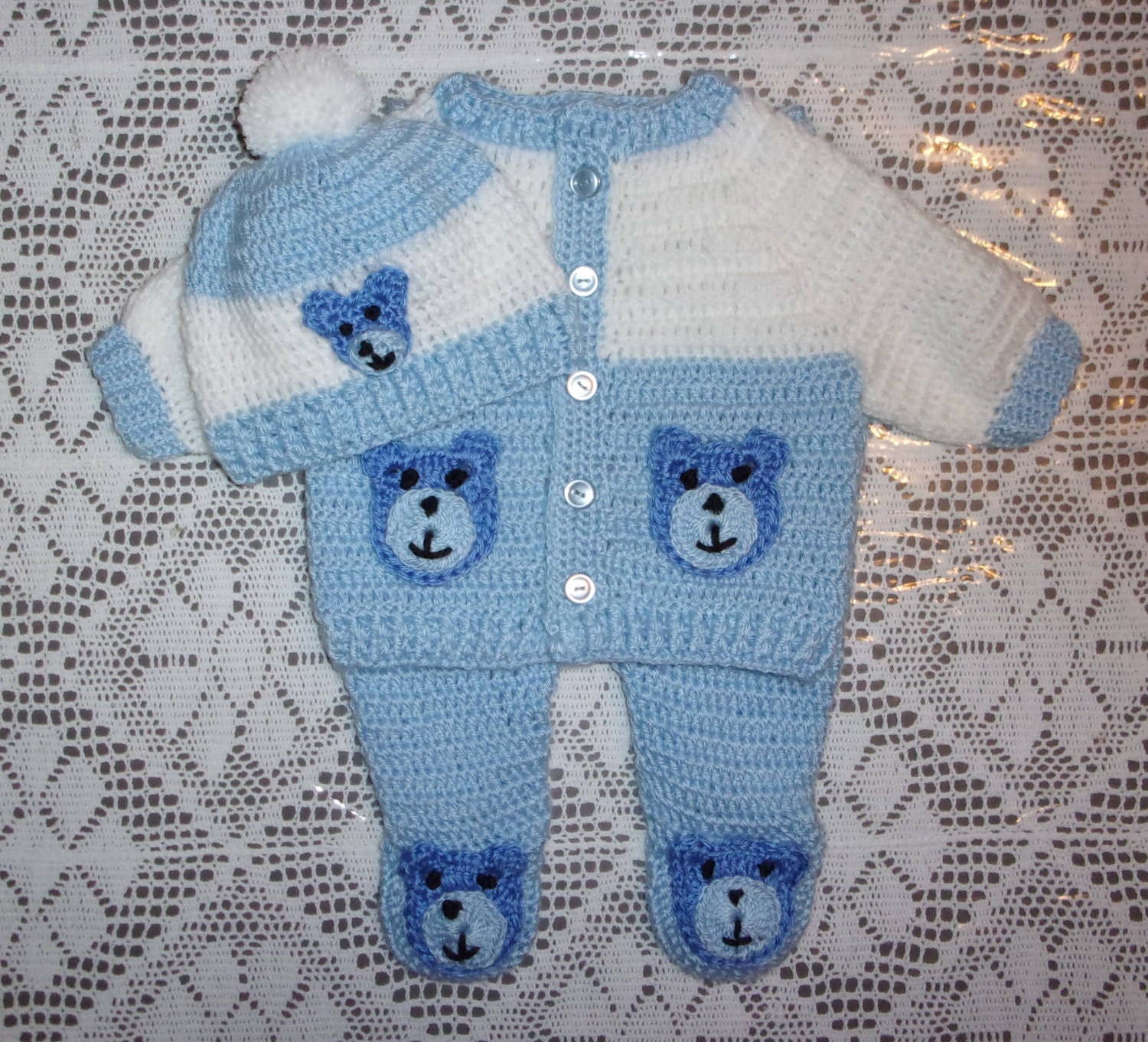 Nb-6 Mos-Gehäkelte Baby-Pullover-Set Teddybär Layette Outfit Mit Leggings Perfekt Für Baby-Dusche-Geschenk Oder Take Me Home von madewithlovebysuzieq