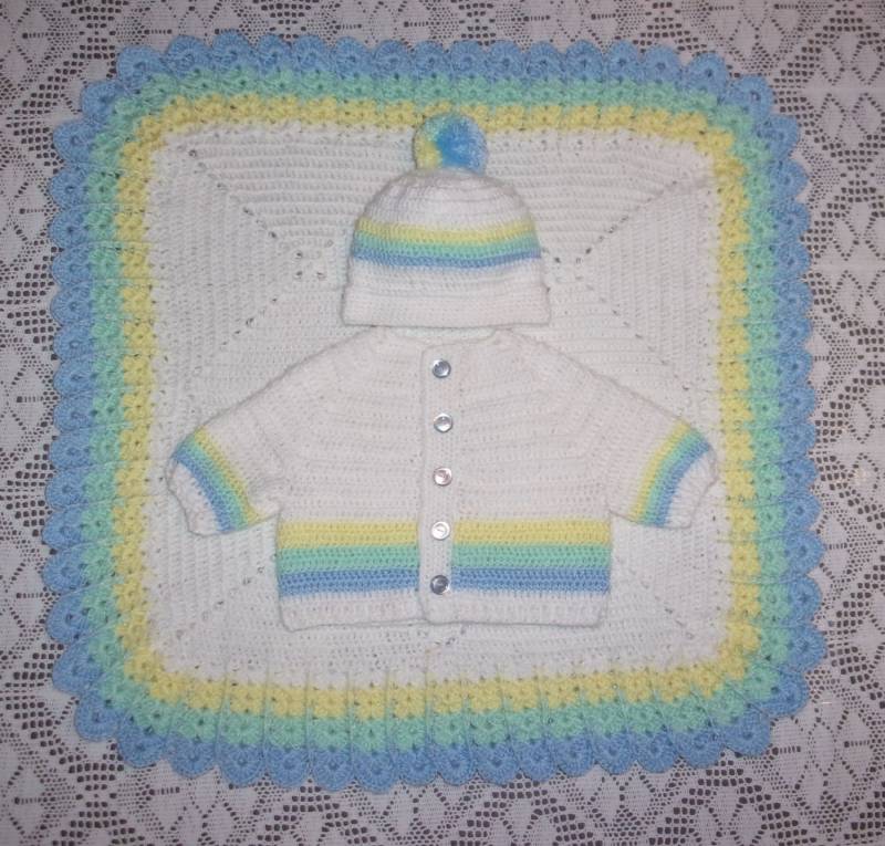 Nb-6 Mos-Häkeln Baby-Pullover-Set Babyausstattung Und Säugling Auto Sitzdecke Afghan Perfekt Für Baby Shower Geschenk Oder Take Me Home Outfit von madewithlovebysuzieq
