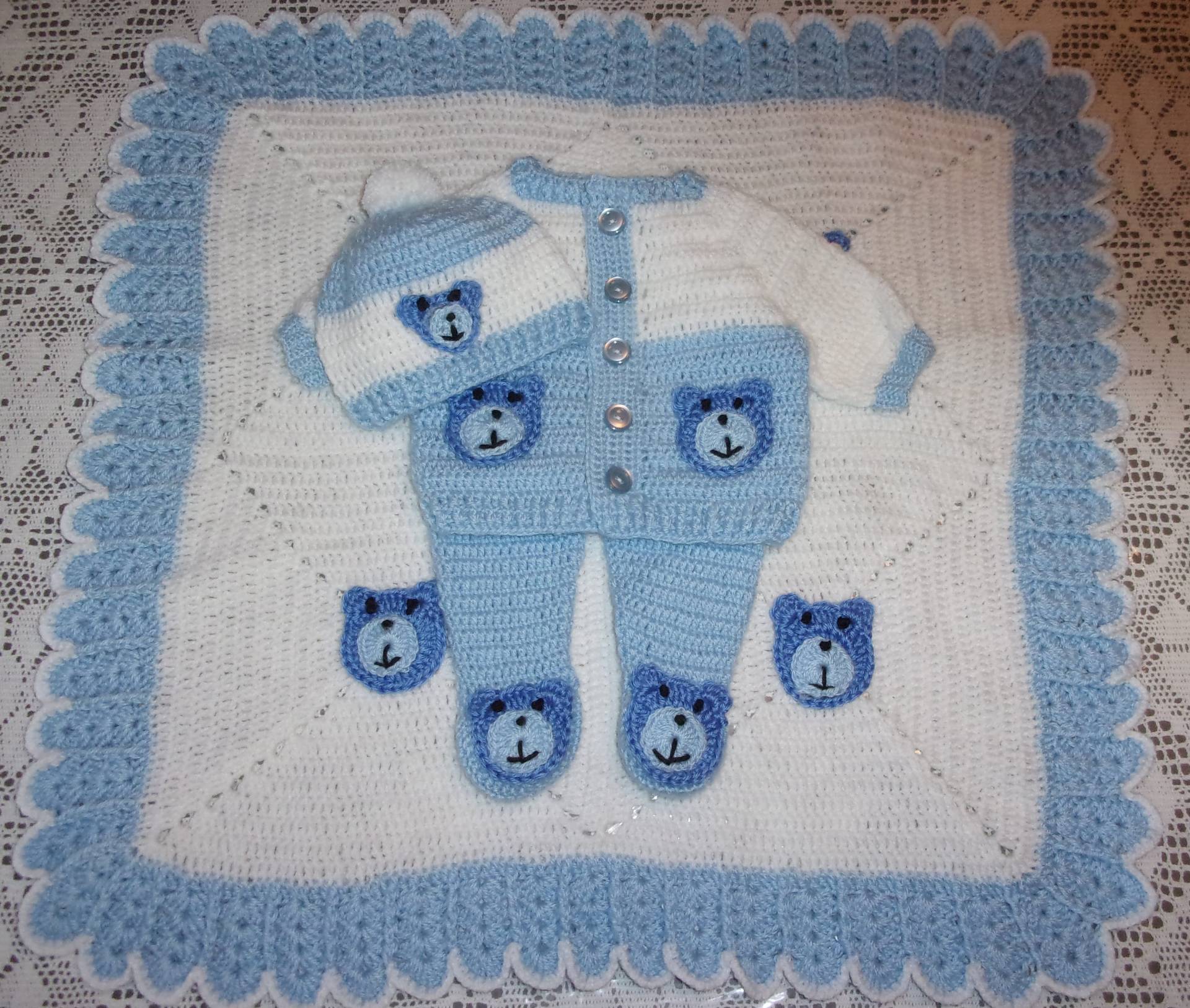 Teddy Bär Pullover Häkeln Baby Jungen Set Babyausstattung Outfit Mit Leggings Und Decke Perfekt Für Baby-Dusche-Geschenk Oder Bring Mich Nach Hause von madewithlovebysuzieq