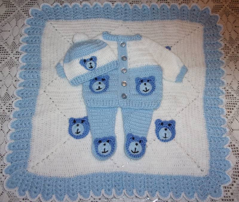 Teddy Bär Pullover Häkeln Baby Jungen Set Babyausstattung Outfit Mit Leggings Und Decke Perfekt Für Baby-Dusche-Geschenk Oder Bring Mich Nach Hause von madewithlovebysuzieq