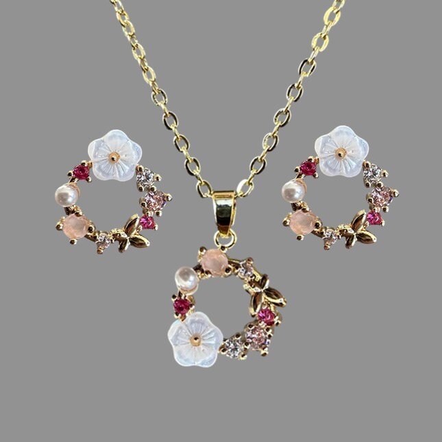 Handgemachte Kirschblüten Frühling Blume Ohrringe Ohrstecker Halskette Schmuck Set Gold Silber von maedelswelt