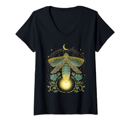 Damen firefly, magical lunar mystical design for nature lovers T-Shirt mit V-Ausschnitt von magical lunar firefly folk art design, mystical