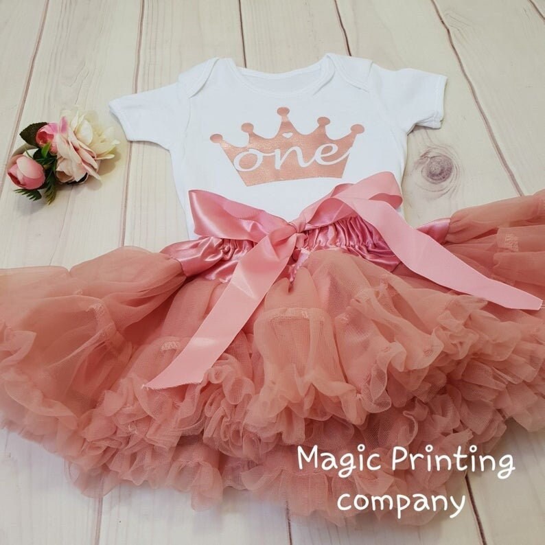 Baby Mädchen 1. Erster Geburtstag Outfit Rose Gold Pink Cake Smash Kleid Party Blume Stirnband Anzug Set Kleinkind Tutu Body Top von magicprintingcompany