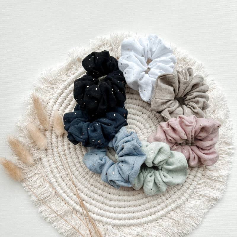 Scrunchies Aus Musselin Mit Goldpunkten, Beige, Weiß | Haargummi Für Damen Zopfgummi Mädchen Handmade von maimoiselle