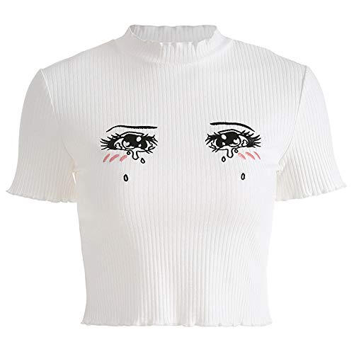 malianna Frauen Augen Stickerei T-Shirts Harajuku Kawaii Kurzarm Crop Tees, Weiss/opulenter Garten, Klein von malianna