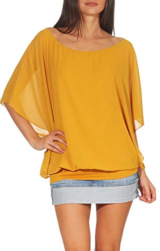 Malito – Unisize Damen Bluse in Fledermauslook – Kurzärmlige Frauen Tunika mit bequemen Schnitt – Elegantes Oversize Fledermaus Blusenshirt mit breitem Bund – Shirt 6296 (Dunkelgelb | Größe 34-42) von malito more than fashion