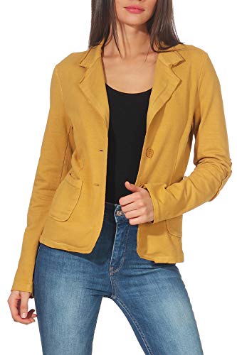 Malito – Damen Blazer im Used-Look mit Ellenbogen-Patches – Jackett mit 2 Knöpfen & Taschen – Jersey Sakko unifarben – sportliche Kurzjacke 1651 (Dunkelgelb | Größe M) von malito more than fashion