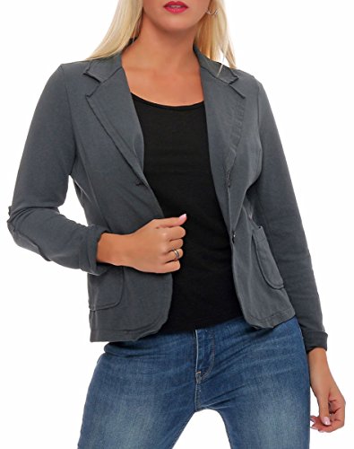 Malito – Damen Blazer im Used-Look mit Ellenbogen-Patches – Jackett mit 2 Knöpfen & Taschen – Jersey Sakko unifarben – sportliche Kurzjacke 1651 (Dunkelgrau | Größe M) von malito more than fashion