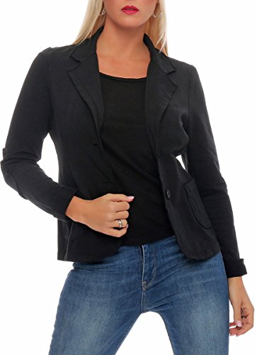 Malito – Damen Blazer im Used-Look mit Ellenbogen-Patches – Jackett mit 2 Knöpfen & Taschen – Jersey Sakko unifarben – sportliche Kurzjacke 1651 (Schwarz | Größe L) von malito more than fashion