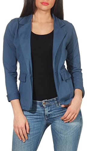 Malito – Damen Blazer unifarben mit Knopf – Sweatblazer mit Revers-Kragen & Zier-Taschen – Kurzjacke im Basic-Look – tailliertes Jersey Sakko 1654 (Jeansblau | Größe L) von malito more than fashion