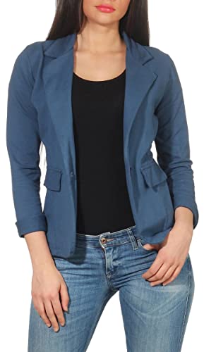 Malito – Damen Blazer unifarben mit Knopf – Sweatblazer mit Revers-Kragen & Zier-Taschen – Kurzjacke im Basic-Look – tailliertes Jersey Sakko 1654 (Jeansblau | Größe M) von malito more than fashion