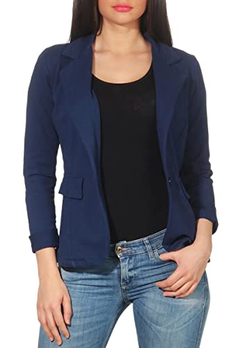 Malito – Damen Blazer unifarben mit Knopf – Sweatblazer mit Revers-Kragen & Zier-Taschen – Kurzjacke im Basic-Look – tailliertes Jersey Sakko 1654 (Dunkelblau | Größe L) von malito more than fashion