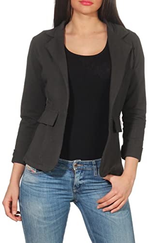 Malito – Damen Blazer unifarben mit Knopf – Sweatblazer mit Revers-Kragen & Zier-Taschen – Kurzjacke im Basic-Look – tailliertes Jersey Sakko 1654 (Dunkelgrau | Größe M) von malito more than fashion