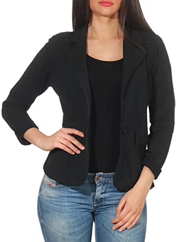 Malito – Damen Blazer unifarben mit Knopf – Sweatblazer mit Revers-Kragen & Zier-Taschen – Kurzjacke im Basic-Look – tailliertes Jersey Sakko 1654 (Schwarz | Größe L) von malito more than fashion