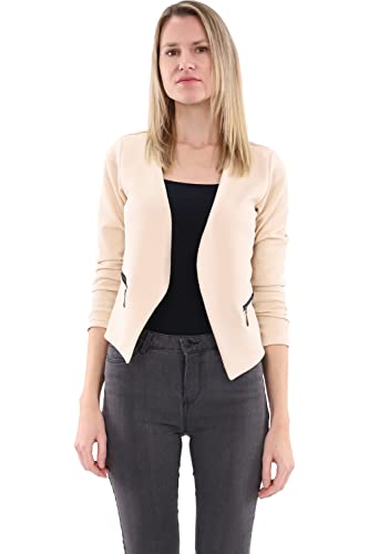 Malito – Damen Blazer unifarben ohne Kragen – Sweatblazer mit Ziernähten, Taschen & Reißverschlüssen – Kurzjacke im Basic-Look – tailliertes Jersey Sakko 6040 (Creme | Größe M) von malito more than fashion