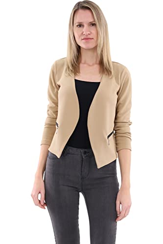 Malito - Damen Blazer Langarm - unifarbener Jerseyblazer - Kurze Basic Jacke - Sweatblazer mit Reißverschluss - Tasche - tailliertes Sakko 6040 (Beige | Größe L) von malito more than fashion