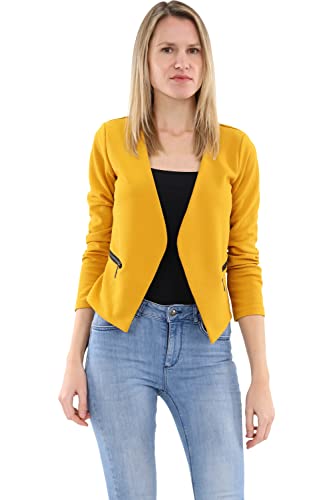 Malito - Damen Blazer Langarm - unifarbener Jerseyblazer - Kurze Basic Jacke - Sweatblazer mit Reißverschluss - Tasche - tailliertes Sakko 6040 (Dunkelgelb | Größe L) von malito more than fashion