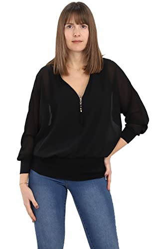 Malito Damen Bluse im Fledermaus Look | Tunika mit Zipper | Kurzarm Blusenshirt mit breitem Bund | Elegant - Shirt 6297 (schwarz) von malito more than fashion