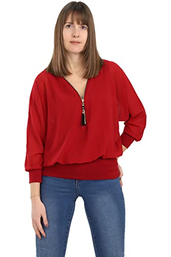 Malito Damen Bluse im Fledermaus Look | Tunika mit Zipper | Kurzarm Blusenshirt mit breitem Bund | Elegant - Shirt 6297 (Bordeaux) von malito more than fashion